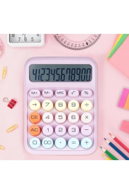 12 Haneli 4 Fonksiyonlu Pembe Renkli Mekanik Hesap Makinesi Şirin Yuvarlak Tuşlu Ofis Masa